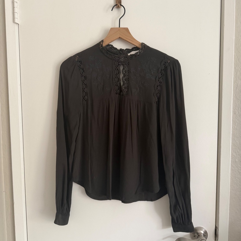 ASTR Black Blouse Eyelet Lace Trim Victorian Goth Chic Dark Academia French Girl